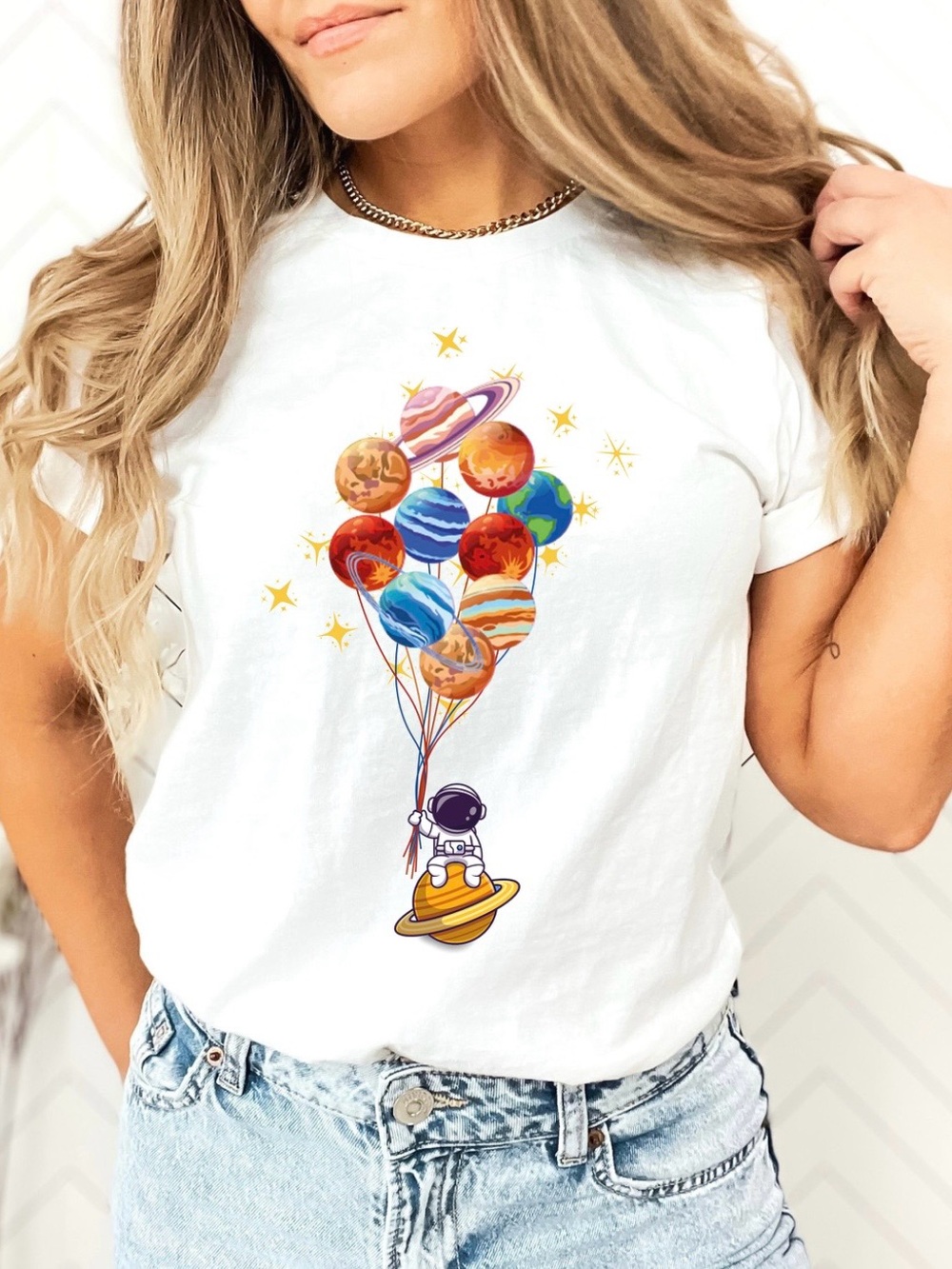 White Astronaut Planet Balloon Graphic Tee